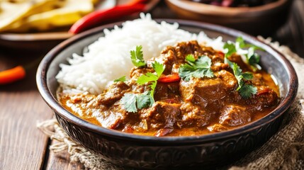 Indian curry with rice served in a traditional dish  
