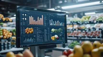 A digital dashboard showing real time data on food supply chain metrics, including graphs and statistics
