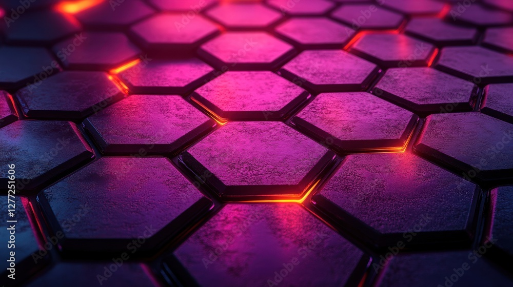 Poster abstract hexagonal pattern with vibrant pink and orange neon lights.