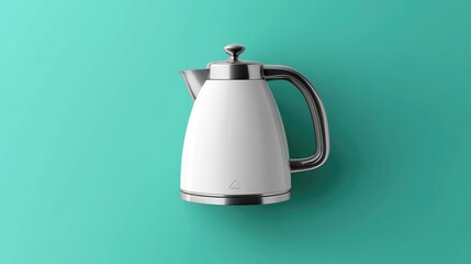 Electric kettle with brushed metal finish, placed on a vibrant green background, top-down view.