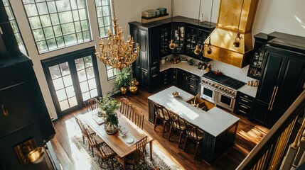 Elegant European kitchen with dark cabinetry, gold hardware, and an open-concept dining area, top-down shot.