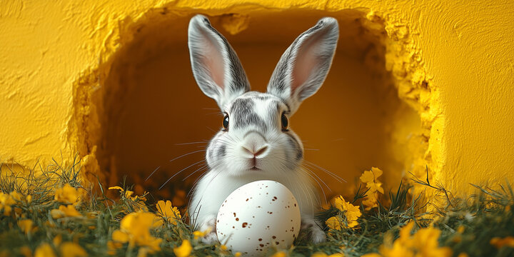 Festive Easter horizontal flyer, banner, header for website with white cracked egg and banny ears on a yellow background. Trendy Easter design with egg, bunny. Greeting card with text Happy Easter