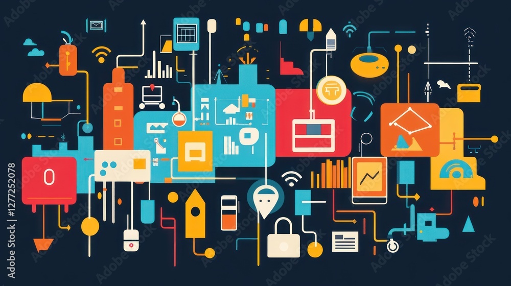 Poster abstract illustration of interconnected technological elements, depicting innovation, automation, an