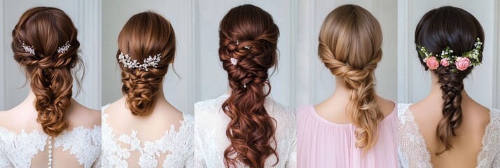 Collection of elegant bridal hairstyles featuring intricate braids and floral accessories, showcasing different romantic wedding hair designs from behind with delicate flower details.