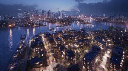 Naklejka premium A digital twin simulation of a smart city with real-time data overlays.