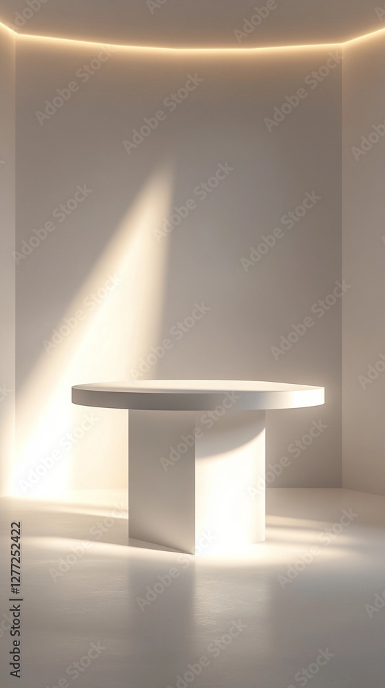 Aufkleber minimalist white circular table in empty room with dramatic lighting effects creating geometric shad