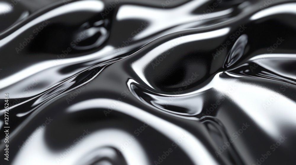 Poster abstract image of flowing, glossy, black liquid with highlights and shadows, creating a wave-like pa
