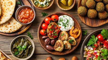 A beautifully arranged Middle Eastern, Arabic, or Mediterranean appetizers table featuring falafel, hummus, olives, and fresh pita bread.  
