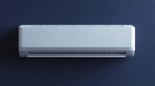 High-tech split AC unit with an ultra-modern display, placed on a deep indigo background, top view.