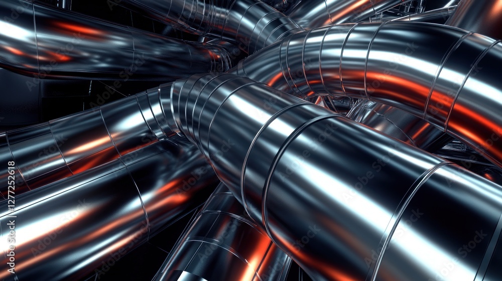 Poster abstract image of metallic pipes intersecting and curving in a complex network, illuminated with war