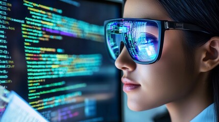 Young female programmer in glasses with reflection of programming code, representing modern software development and digital transformation in technology industry