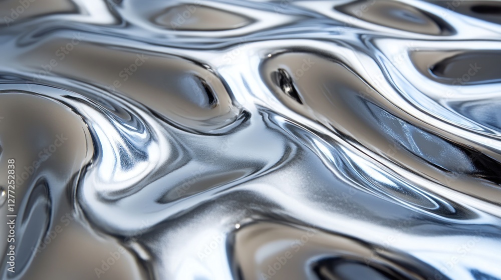 Poster abstract image of swirling, reflective, metallic liquid with light and shadow creating texture and d