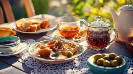 morning breakfast tea jam and olives breakfast table and green olives greek food