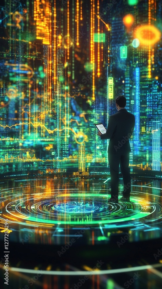 Poster silhouetted businessman analyzing digital data visualization in futuristic cyber environment with gl