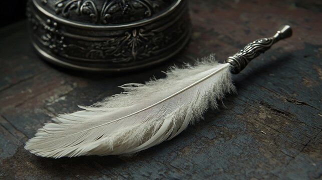 White feather quill pen on rustic wood near ornate silver box.