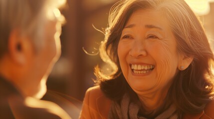 Two elderly individuals share a heartfelt laughter while enjoying a conversation in a sunlit outdoor setting during evening hours