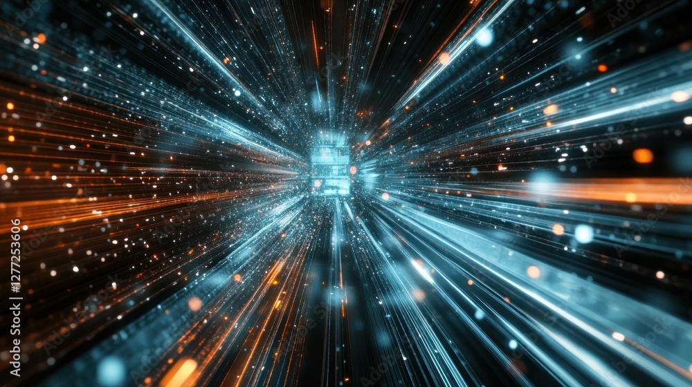 Poster abstract light streaks converging towards a central point, creating a dynamic, futuristic tunnel eff