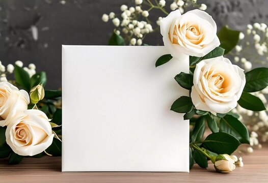 Delicate white roses and soft buds create an elegant border around blank card ideal for personal messages or decorative purposes at any event. Happy birthday, mother day, valentine day. Generative AI
