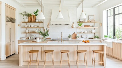 Scandinavian-inspired European kitchen with a light wood island, white pendant lights, and modern bar stools, top-down shot.