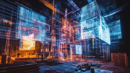 Abstract city model, future construction site, digital overlay