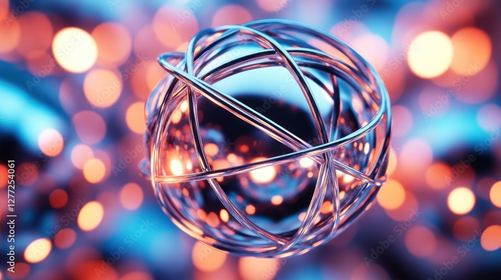 Aufkleber abstract metallic sphere encased in a wireframe, illuminated by vibrant bokeh lights.