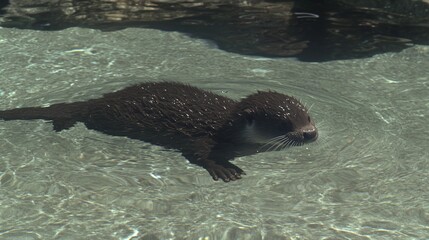 Obraz premium Otter pup swims enclosure, sunny day, zoo background