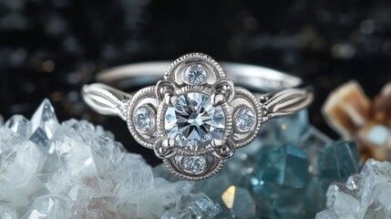 Obraz premium A luxury diamond ring with a vintage-inspired design, placed next to a sparkling crystal.