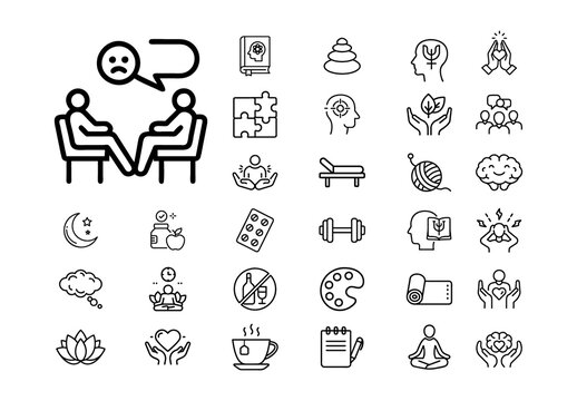 Black Monoline Mental Health Therapy and Wellness Icons Set