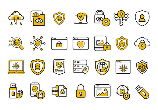 Black And Yellow Flat Data Security Cyber Protection Icons Set