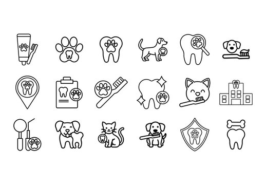 Black Outline Pet Dental Care Veterinary Toothbrush Dog Cat Icon Set







