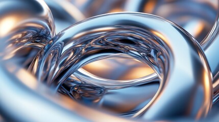 Abstract metallic swirls, shiny chrome tubes, intertwined, reflective surface, blue and orange hues, close-up view.