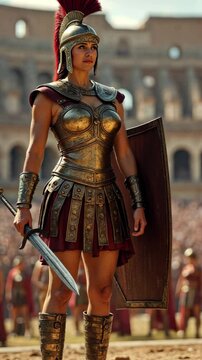 A powerful Roman gladiatrix standing in the grand Colosseum