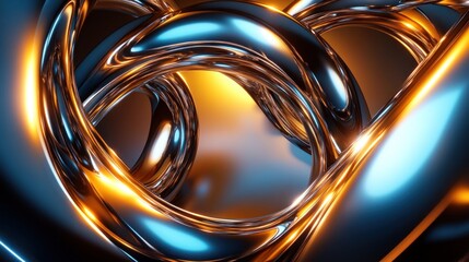 Abstract metallic swirls with glowing blue and orange highlights.