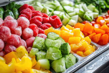 A Fresh fruits and vegetables arranged colorful display, showcasing healthy food options and hygienic food handling practices