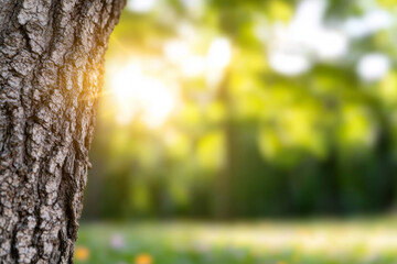 Fototapeta premium Tree trunk in sunlit meadow with blurred background