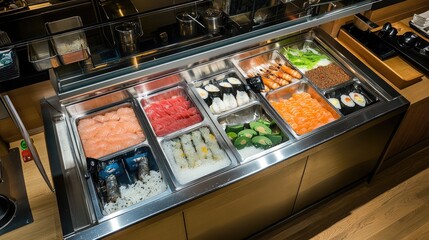 Sushi restaurant hot kitchen with a pristine stainless steel counter, fresh seafood, and an active stovetop, top-down angle.