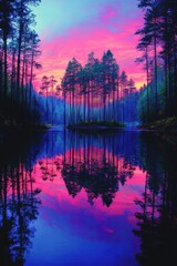 Fototapeta premium Vibrant sunset over a serene lake surrounded by tall trees in a calm forest landscape