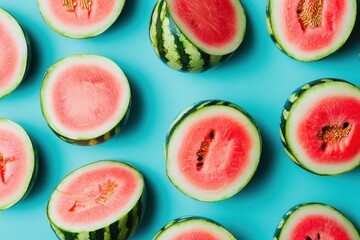 Juicy watermelons spread across a bright blue background with vibrant colors and textures
