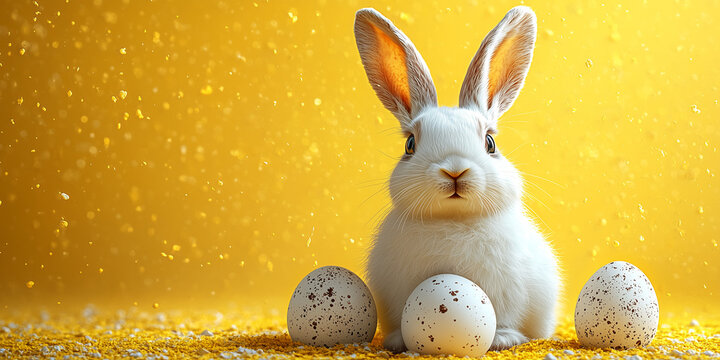 Festive Easter horizontal flyer, banner, header for website with white cracked egg and banny ears on a yellow background. Trendy Easter design with egg, bunny. Greeting card with text Happy Easter