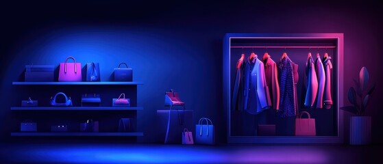 Fototapeta premium A stylish, modern display of clothing and accessories illuminated in vibrant blue and purple lighting, creating a fashionable ambiance.