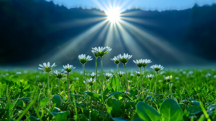 Obraz premium Wildflower meadow in early morning mist with sunlight rays