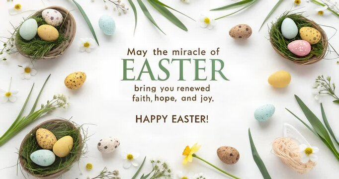 happy easter! colorful easter eggs in a bird's nest with the words of the easter miracle!