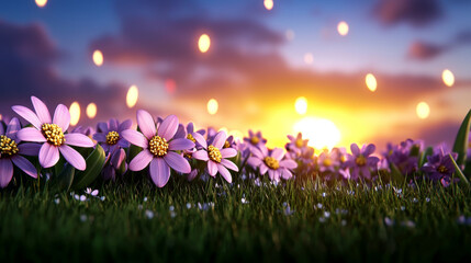 Fototapeta premium wildflower meadow under glowing sunset sky with vibrant colors