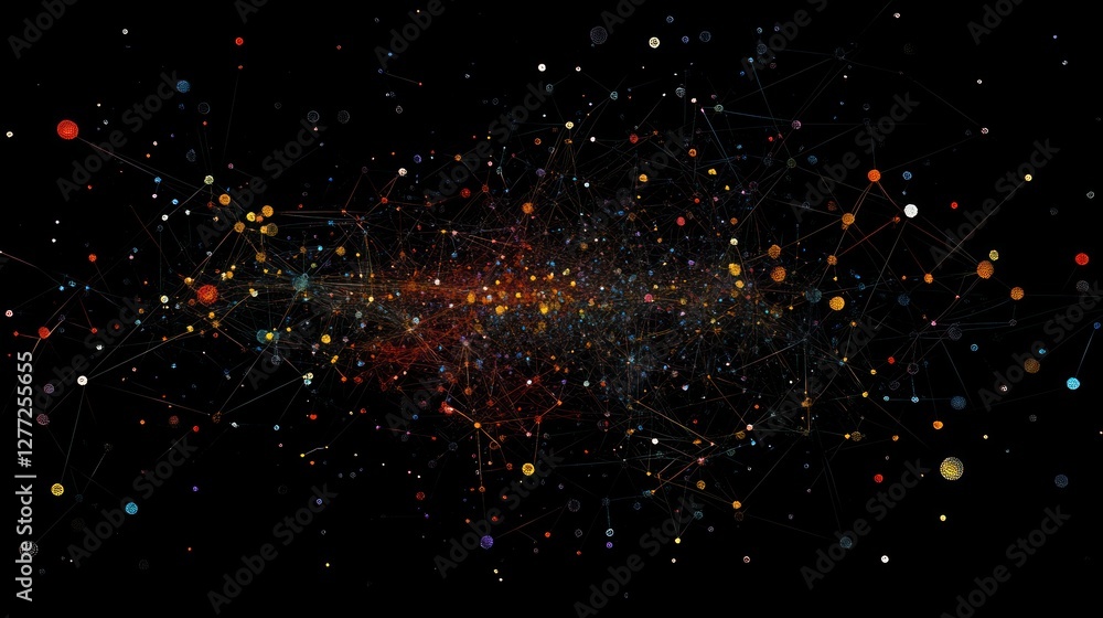 Poster Abstract network connection, colorful nodes and lines on black background.