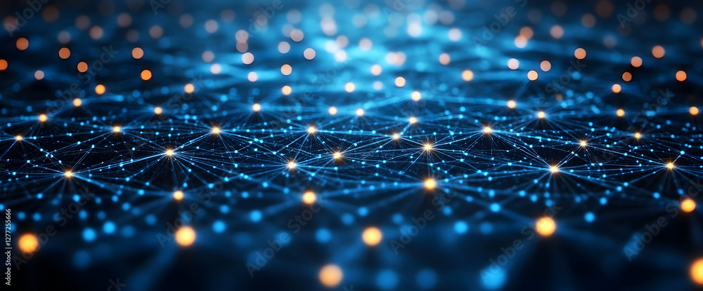 Poster abstract network of glowing nodes and lines in blue and orange digital background