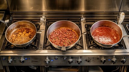 Ultra-modern professional kitchen with high-tech stovetops, simmering sauces, and an immaculate prep station, top view.