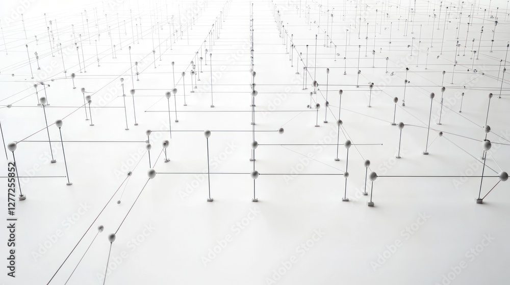 Poster abstract network connection concept; nodes and lines forming a grid pattern on a white surface.