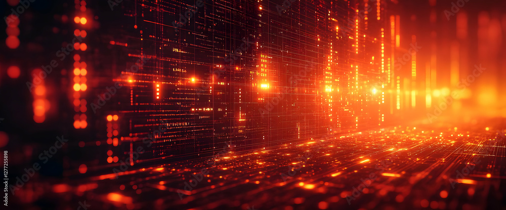 Poster abstract futuristic technology background with glowing data streams in deep orange