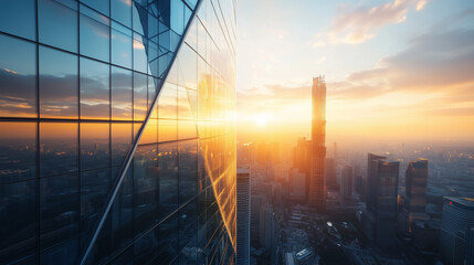 A breathtaking aerial view of a futuristic glass skyscraper reflecting the first golden rays of sunrise