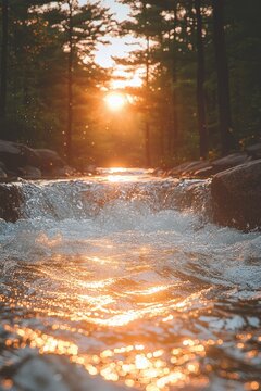 Sunset over a peaceful river flowing through a forest with shimmering water and glowing reflections